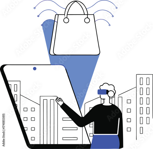 Augmented Reality Online Shopping Concept with Smartphone and Virtual Bag Illustration