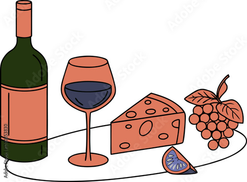 Artistic illustration of wine cheese grapes and figs illustration