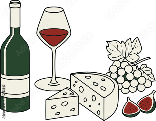 Artistic illustration of wine cheese grapes and figs illustration