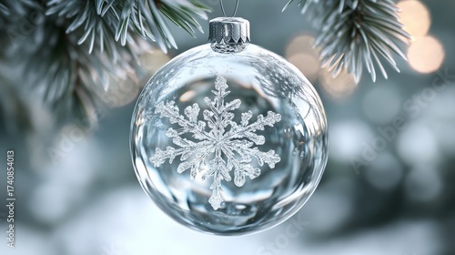 Photoreal 3D render of hand-blown glass ornament containing suspended snowflake diorama - microscopic pine needles and frozen dew droplets visible within the flawless crystal sphere.