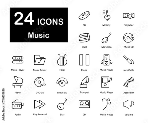 These are 24 beautiful small, pixel perfect music interface vector icons.