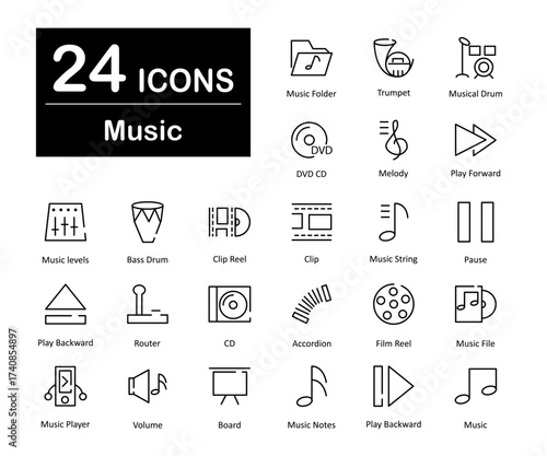 These are 24 beautiful small, pixel perfect music interface vector icons.