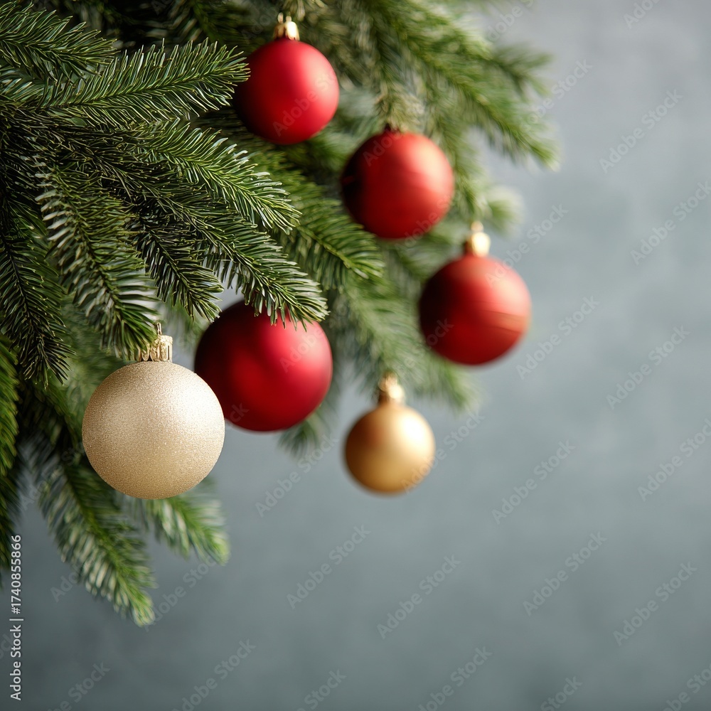 Fototapeta premium On a dark brown background, a green fir branch is decorated with a golden ornament and accompanied by red and gold baubles