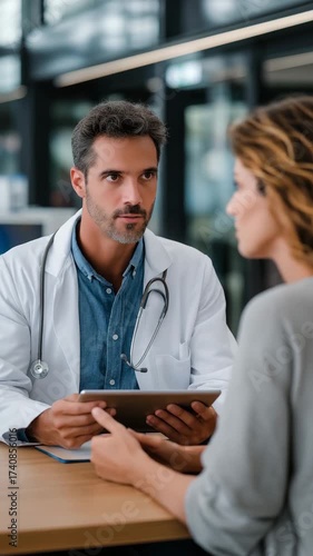 Indian physician consulting a patient in a modern hospital office, digital tablet in hand, patient seated across the desk, bright and clean clinical environment, respectful and attentive atmosphere