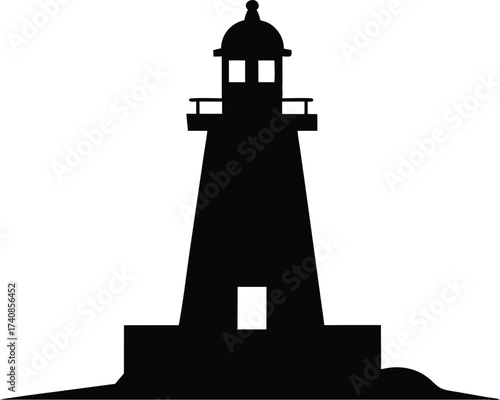 Lighthouse Black Silhouette Vector Icon, Lighthouse Black Silhouette Vector, Coastline and Safety Beacon


