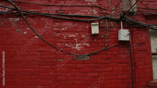Red brick wall with wires and utility boxes, urban decay texture