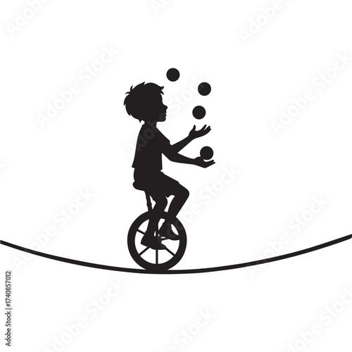 Vector silhouette of a boy performing a circus act, riding a unicycle on a tightrope while juggling small balls, black and white style.