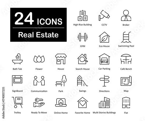 These are 24 beautiful small, pixel perfect real estate interface vector icons.