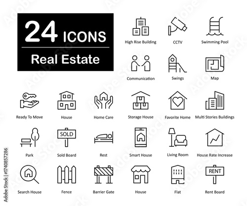 These are 24 beautiful small, pixel perfect real estate interface vector icons.
