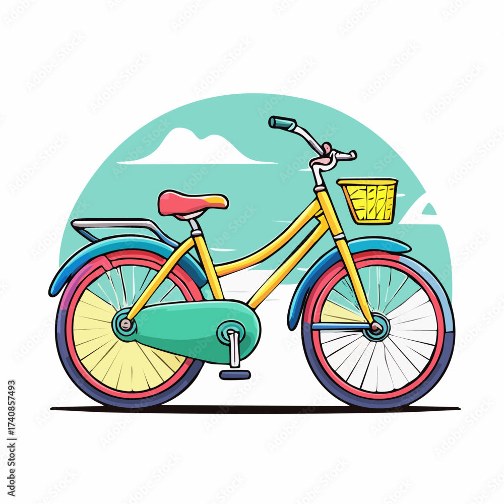 Fototapeta premium Colorful bicycle with basket and scenic background