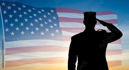 Silhouette of Soldier Saluting Against an American Flag and a Beautiful Sunrise Background