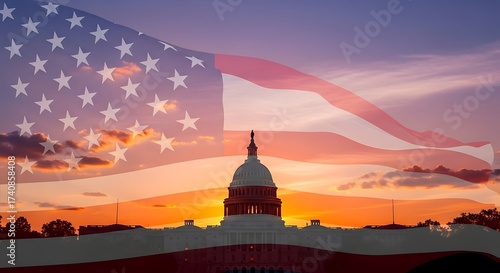 United States Capitol Building at Sunset with American Flag Overlay Graphic