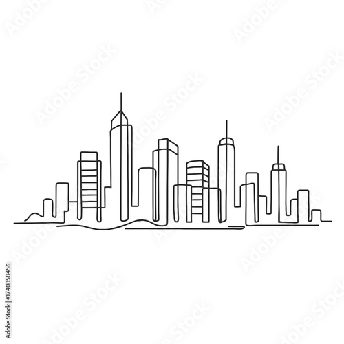 Minimalist city skyline illustration in one-line art style, showing tall modern buildings and urban architecture.
