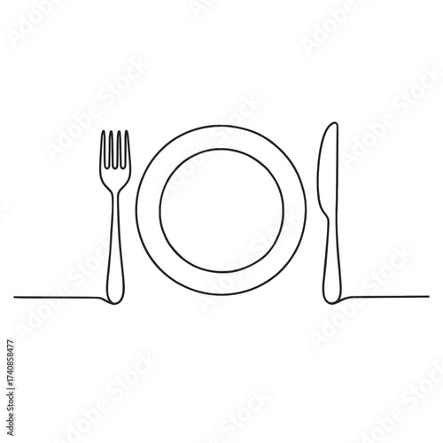 Minimalist line art of a dining set with fork, plate, and knife, symbolizing food, eating, and culinary lifestyle.