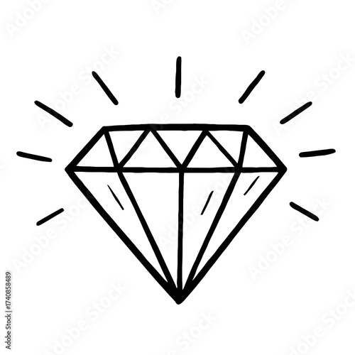 A simple black and white illustration of a sparkling diamond, symbolizing luxury, wealth, clarity, and value.
