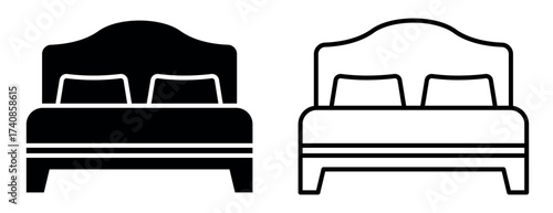 Black bed icon with pillows, minimal bedroom furniture symbol. Editable stroke. Illustration of modern bed silhouette and outline design for hotel, interior, sleep, rest, relaxation, comfort concepts
