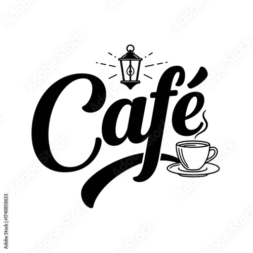 Charming cafe logo design featuring a steaming coffee cup and vintage lantern illustration perfect for branding