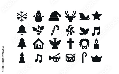 vector solid black filled icons Christmas Symbols (Icons) snowflake, shape, snowman, figure, santa, hat, reindeer, antler, sleigh, silhouette, christmas, star, bell, holly, leaves, mistletoe.