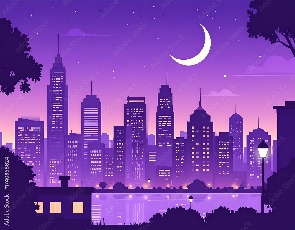 Naklejka premium Illustrated city skyline under a purple night sky
