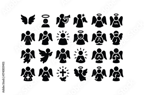 vector solid black filled icons Christmas Angels (Symbols) angel, wings, halo, harp, trumpet, star, crown, robe, sash, light, glow, angel.