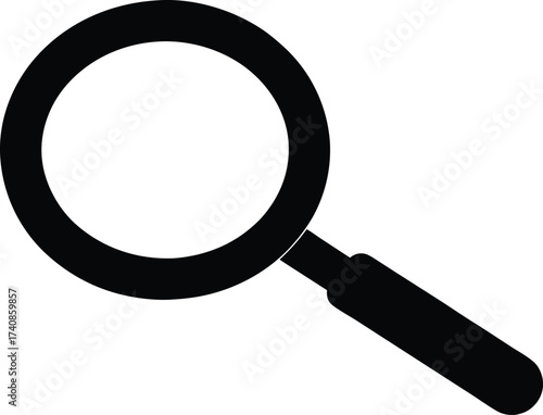 Magnifying Glass Vector Black Silhouette Icon Design, Magnifying Glass Silhouette Icon: Search, Zoom, and Investigation Symbol.