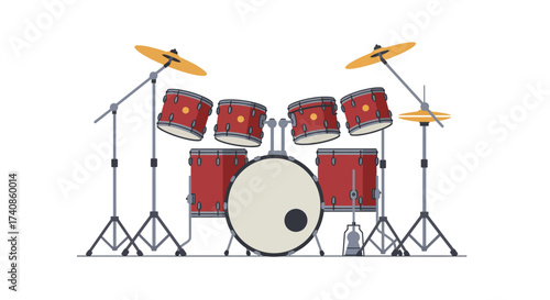 Complete Drum Set with Red Drums and Golden Cymbals.