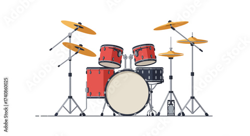 Complete Drum Set with Red Drums and Golden Cymbals on Stands.