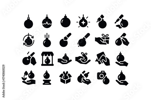 vector solid black filled icons Ornaments (Scenes) ornament, hanging, breaking, shining, glowing, spinning, dropping, painting, ornament.