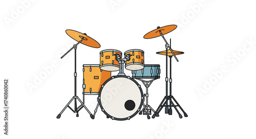 Cartoon Drum Set with Cymbals and Various Drums Musical Instrument.