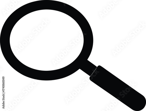 Magnifying Glass Vector Black Silhouette Icon Design, Magnifying Glass Silhouette Icon: Search, Zoom, and Investigation Symbol.
