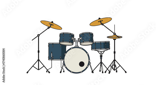 Illustrated Drum Set with Cymbals and Blue Drums.