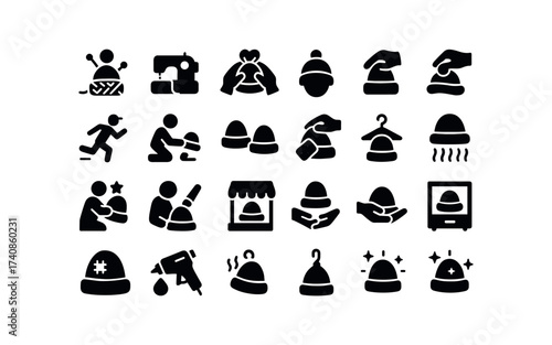 vector solid black filled icons Hats (Scenes) hat, knitting, sewing, wrapping, gifting, wearing, holding, carrying, losing, finding, matching, cleaning, hat.
