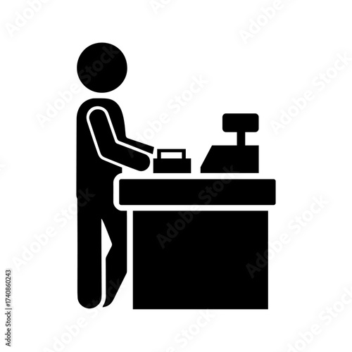 Silhouette stickman standing at cashier counter with cash register, supermarket checkout concept, retail shopping payment, transaction, customer service, commerce, minimal black vector illustration.