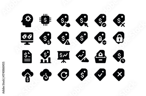 vector solid black filled icons Price Comparison (Advanced) pricecompare, smart, ai, auto, manual, synced, unsynced, pricecompare.