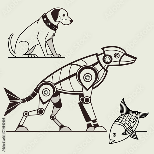 A loyal dog and a mechanical robot dog with a fish in front of them