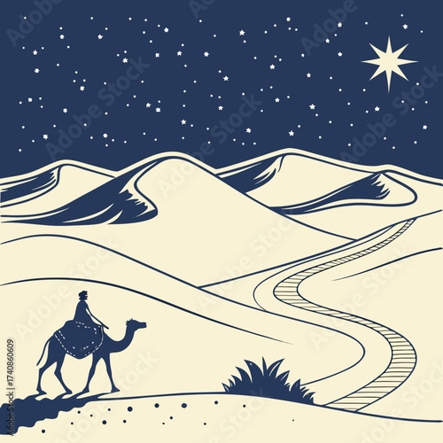 A solitary traveler on a camel journeys across a desert landscape under a starry night sky