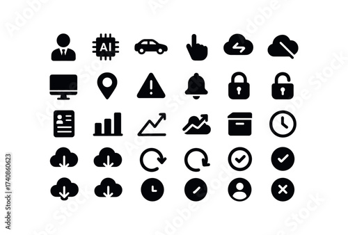 vector solid black filled icons Capital (Advanced) capital, smart, ai, auto, manual, synced, unsynced, monitor, track, alert, capital.