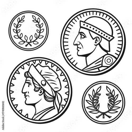 Ancient roman coins featuring profile portraits of emperors and laurel wreaths in black and white line art