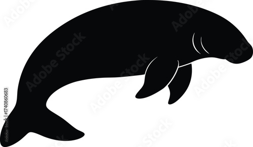 Manatee Silhouette Vector Illustration Flat Design, Black Manatee Silhouette Flat Vector Icon, Marine Manatee Symbol Flat Black Design.