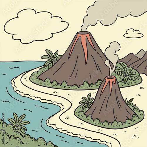 Cartoon illustration of two active volcanoes erupting smoke and lava on a tropical island with a sandy beach and ocean