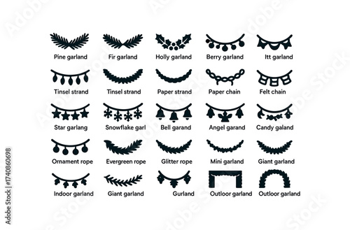 vector solid black filled icons Garlands (Types) pine, garland, fir, holly, berry, ribbon, light, tinsel, strand, bead, paper, chain, felt, fabric.