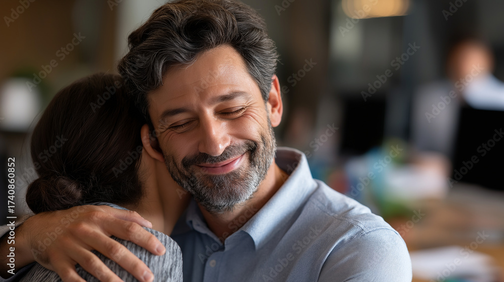 Obraz premium Self assured confident businessman sharing warm welcoming embrace with team member expressing genuine gratitude and encouragement in office workplace appreciation moment team bon