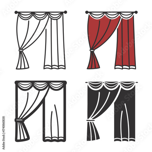 Collection of four curtain icons showing different styles and colors for home decor and stage design