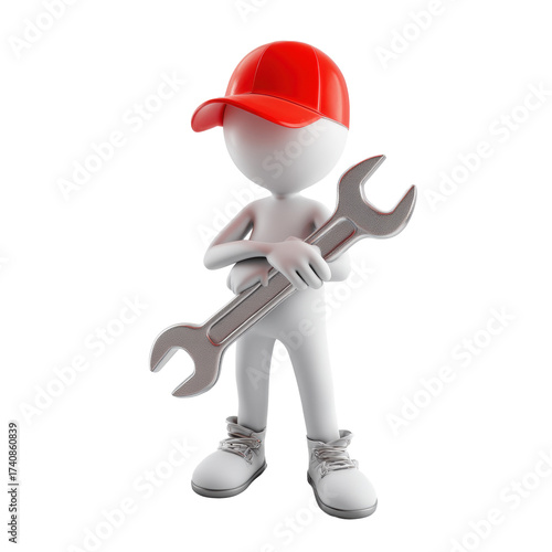 Friendly handyman mascot with wrench on transparent background
