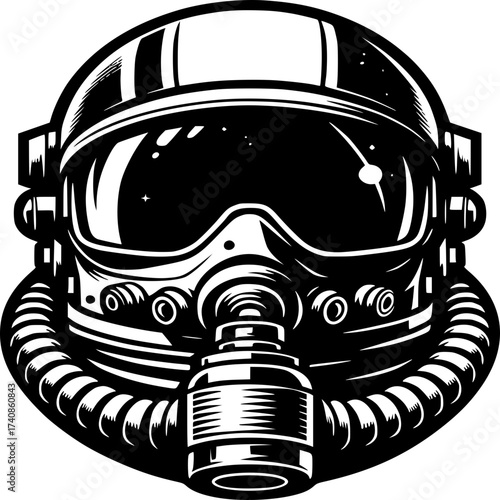 Astronaut's Helmet in Space: Captivating monochrome art of an astronaut's helmet. The helmet, equipped with all essential survival gear, appears ready to embark on the unknown.