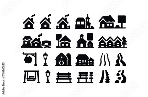 vector solid black filled icons Village Houses (Scenes) 