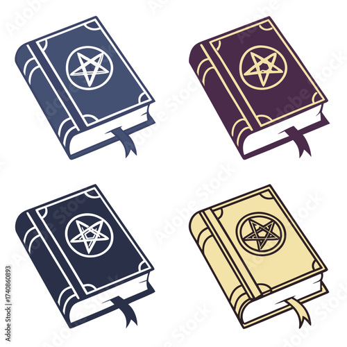 Collection of four stylized occult spell books with pentagram symbols and bookmarks in different colors