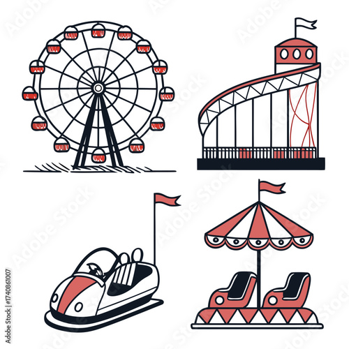 Collection of stylized amusement park rides including a ferris wheel roller coaster bumper cars and carousel seats
