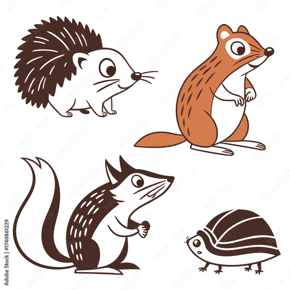 Fototapeta premium Cute cartoon collection of woodland forest animals including a hedgehog chipmunk squirrel and beetle