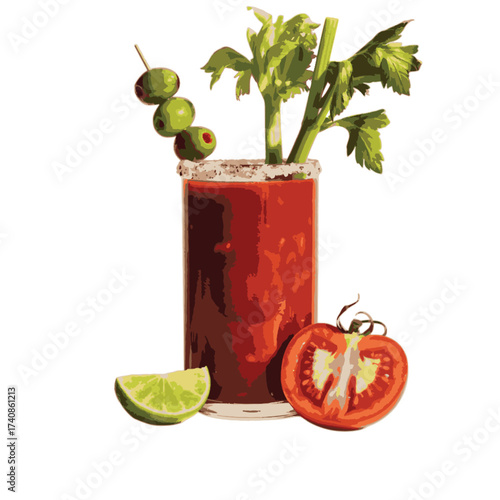 Bloody Mary cocktail with olives lime and tomato slice drink beverage